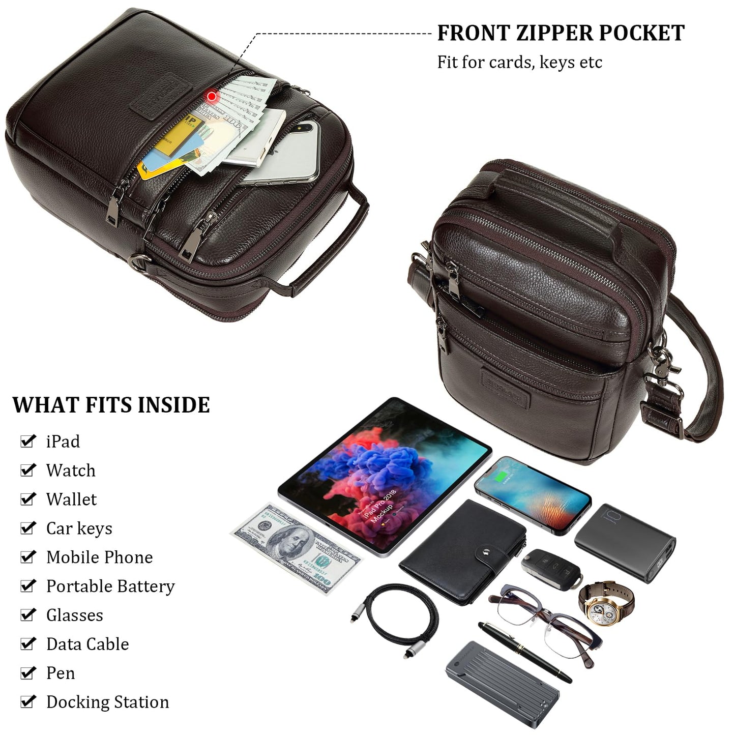 Polare Italian Full Grain Leather Messenger Bag Vintage Chest Shoulder Crossbody Bag Casual Sling Business Handbag for Men (Coffee)
