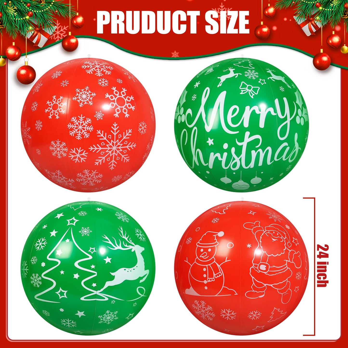 Wlicon 4 PCS 24 Inch Christmas Inflatable Balls Outdoor Inflatable Christmas Ball Ornaments for Xmas Garden Lawn Yard Holiday Front Door Window Decoration