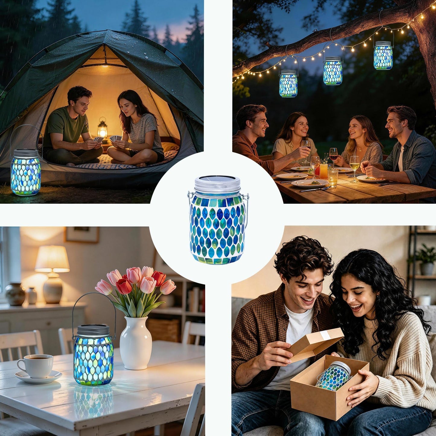 Rancco Blue Mosaic Solar Lantern Outdoor, Waterproof Hanging Solar Light, Glass Jar Style Mosaic Lamp for Garden Patio Decor, Solar-Powered Pathway Night Light, Unique Gifts for Women Mom Grandma