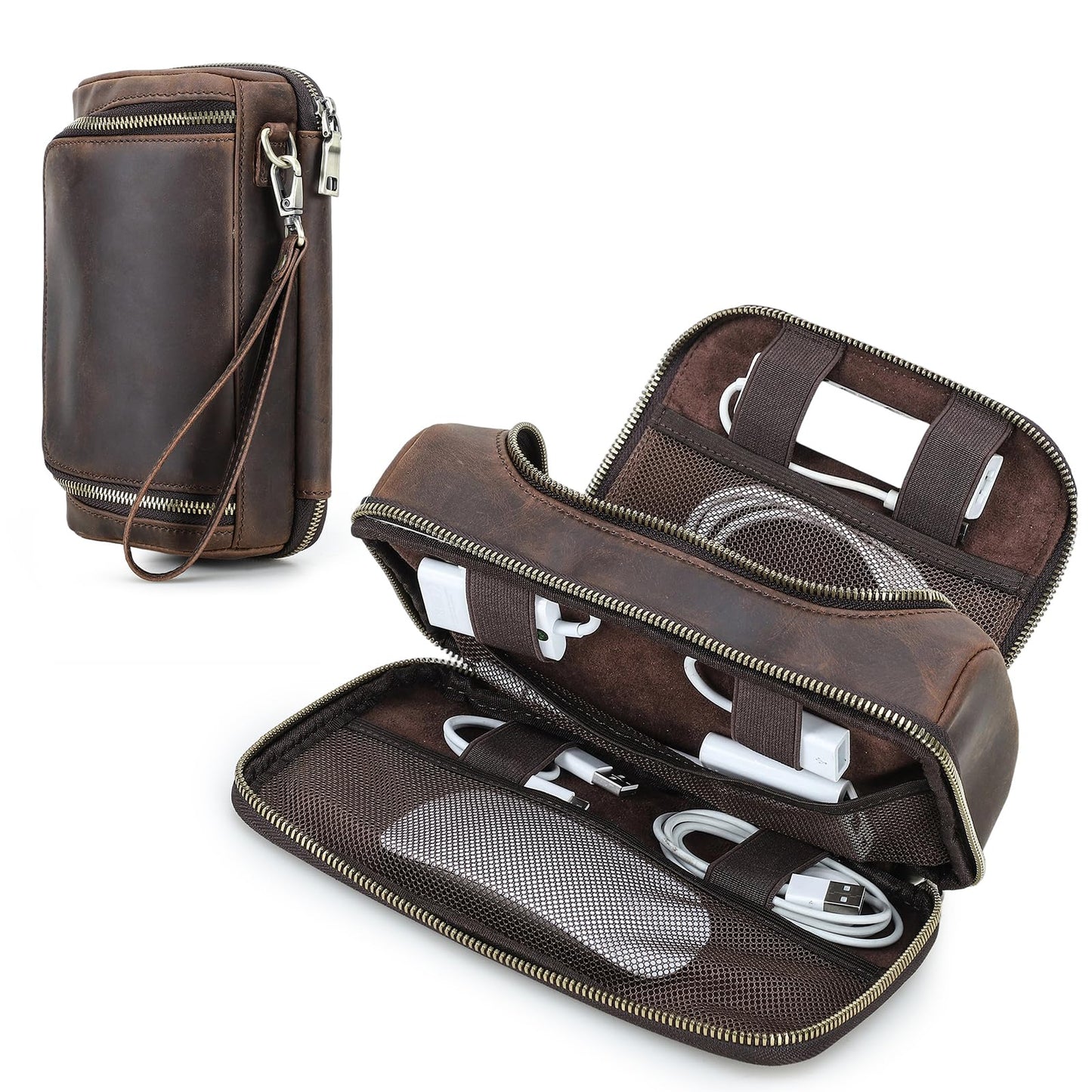 Hiram Handmade Crazy Horse Leather Tech Organizer Travel Case – Accessories Organiser Bag for Laptop, Tablet & Cell Phone, Double Compartment Charger Organizer Travel Case Coffee