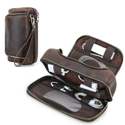 Hiram Handmade Crazy Horse Leather Tech Organizer Travel Case – Accessories Organiser Bag for Laptop, Tablet & Cell Phone, Double Compartment Charger Organizer Travel Case Coffee