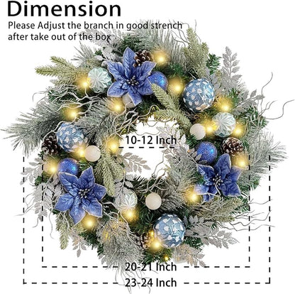 WANNA-CUL Pre-Lit 24 Inch Christmas Wreath for Front Door Silver Blue Lighted Christmas Door Wreath Decoration with Ball Ornaments, Poinsettia Flowers,Pine Cones, Battery Operated 30 LED Lights