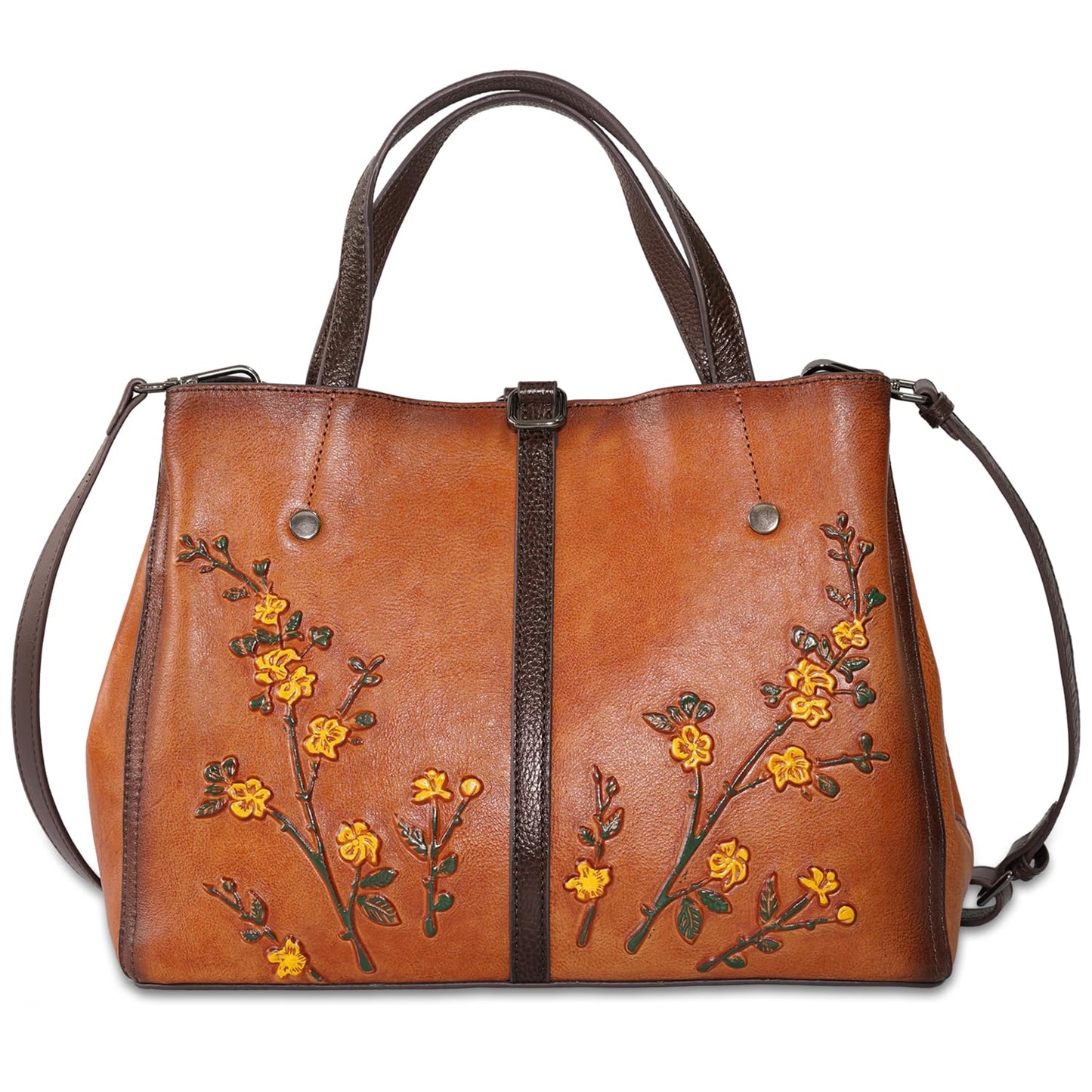 SHARPAD Genuine Leather Satchel for Women Top Handle Bags Handmade Purse Vintage Embossed Leather Crossbody Handbags Hobo Bag (Brown-2)