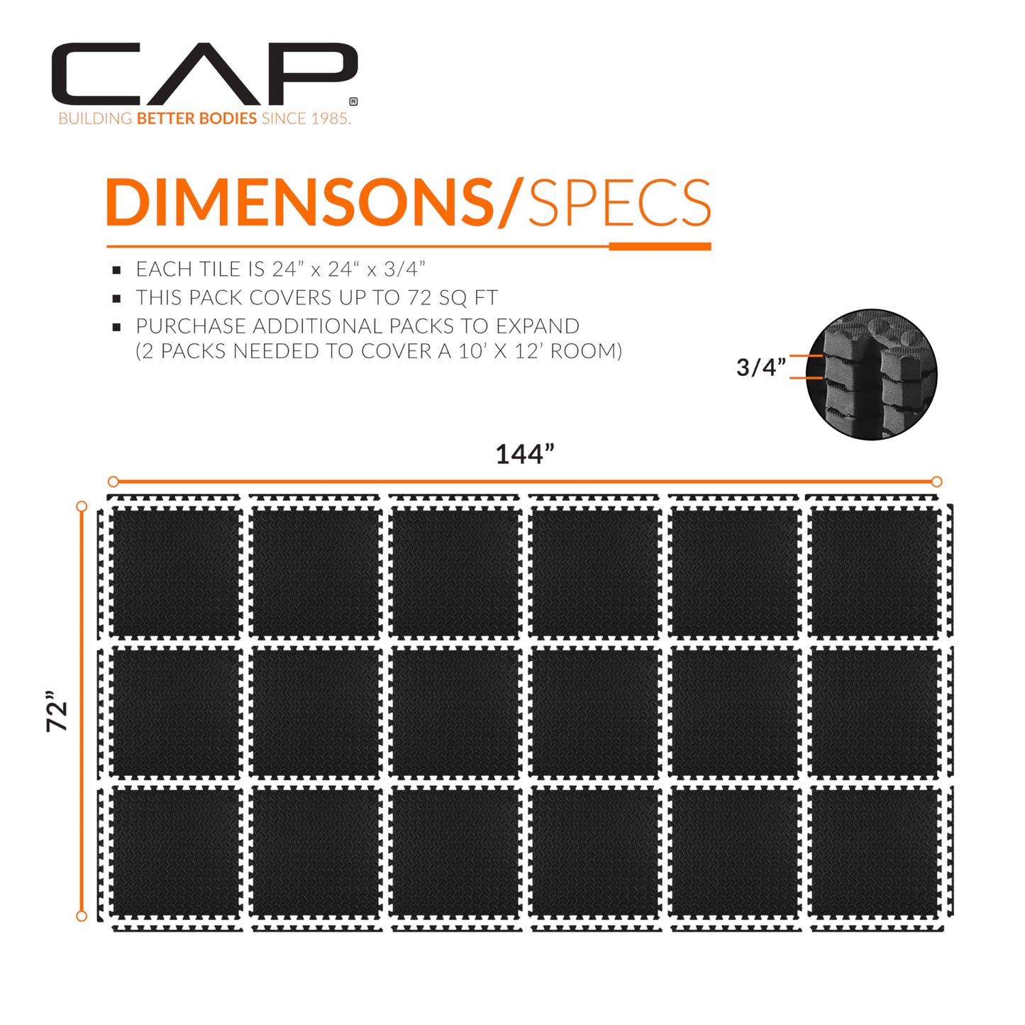 CAP Barbell 3/4-Inch Interlocking EVA Foam Exercise Puzzle Mat Home Gym Flooring - 3 Pack | 24" x 24" x 3/4" | Diamond Pattern - Black