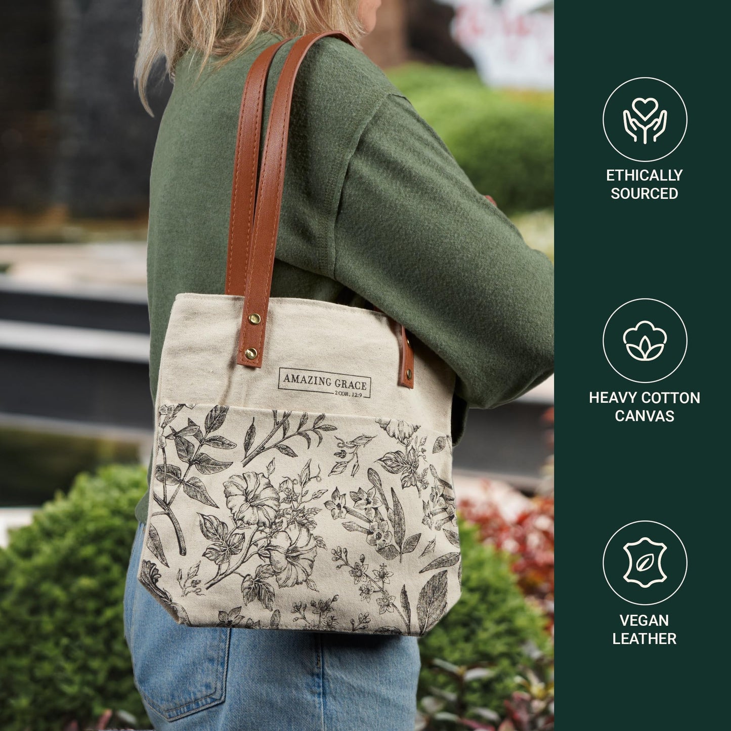 Christian Art Gifts Canvas Floral Tote Bag for Women: Amazing Grace Inspirational Scripture for Shopping, Supplies, Books, Accessories, Vegan Leather, Pocket, Zippered Closure, Creamy Tan & Brown