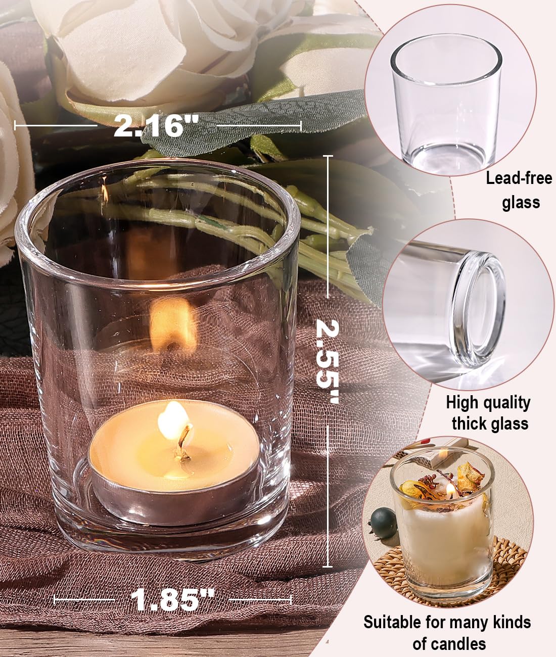 LETINE 72-Pack Votive Candle Holders Designed for Wedding Decor - Glass Candle Holder & Tea Lights Candle Holder - Candle Holders for Christmas, Summer Wedding Centerpiece Table, Party Dinner Decor