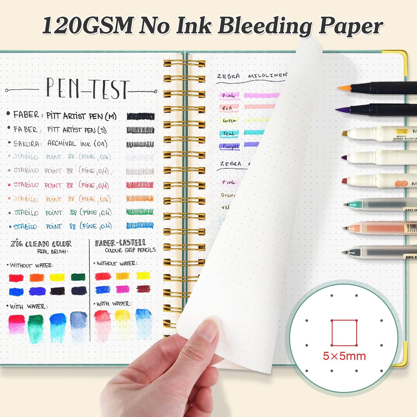 Bullet Dotted Journal Spiral Notebook, 300 Pages Leather Notebooks with Contens, 120 GSM Thick No Bleed Through Paper Journals, A5 Dot Grid Notebook for Women Men School Work Writing, 5.5" x 8", Black