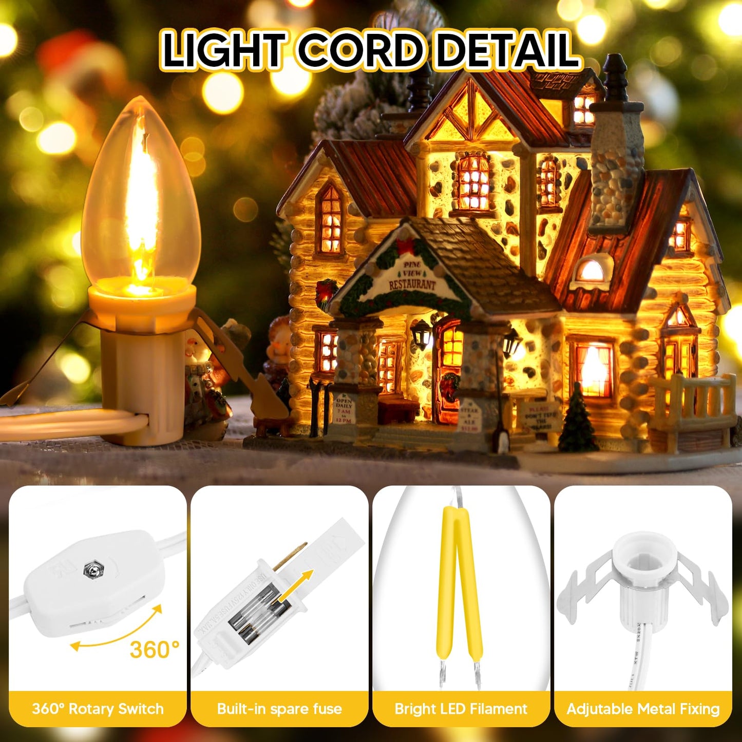1Pack Accessory Cord with 4LED Bulbs and Outlet Christmas Village Light 8.9FT Blow Mold Light Cord with Spare Fuse Warm White C7 Lamp Christmas Village Accessories for Village Houses Craft Pumpkin