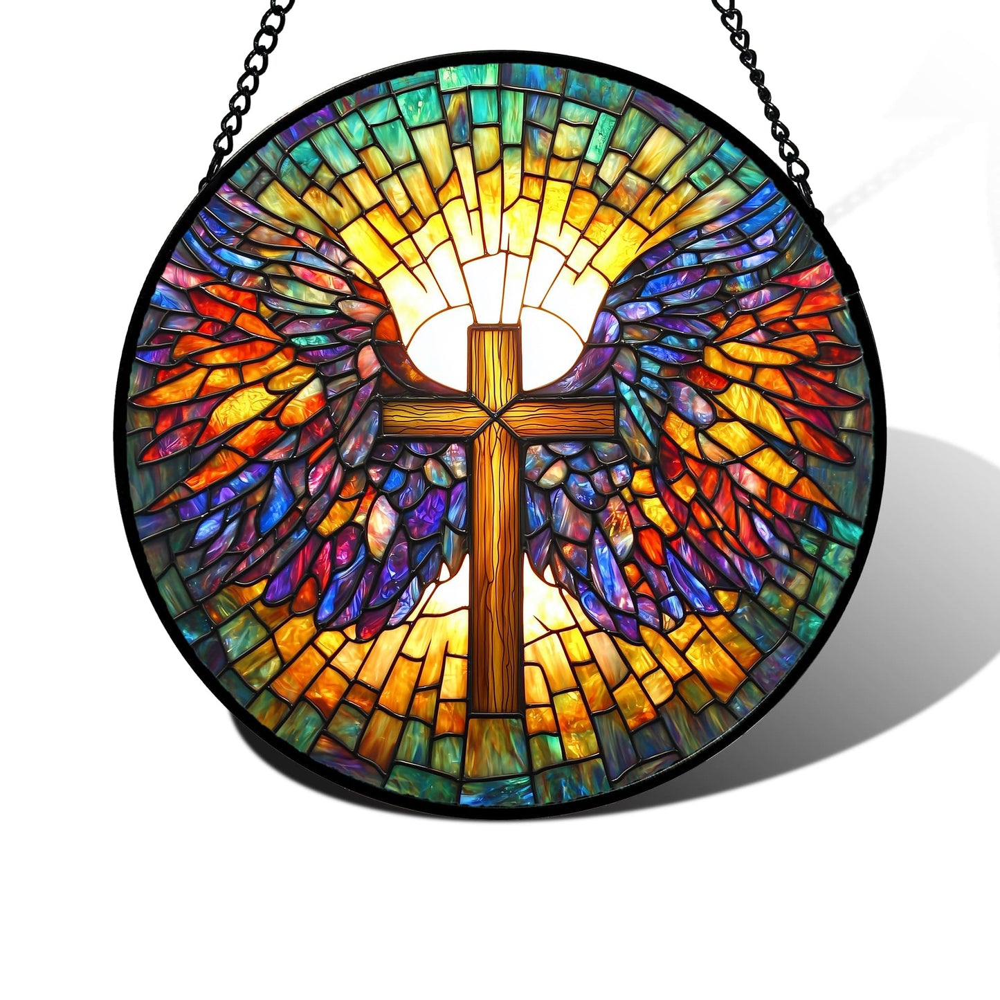 DASTOLL Stained Glass Window Hanging - Jesus Cross Wings Suncatcher Ready to Hang Window Doors Home Decoration and Christmas, Mother's Day Birthday Gifts for Women, Men, and Mom 7.8x7.8 in