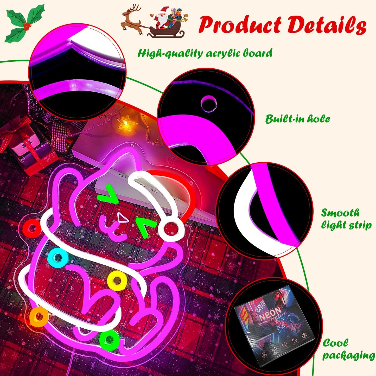 Jeanchrl Cat Christmas Neon Sign for Wall Dimmable Black Cat Decor Neon Light Sign for Bedroom Living Room Kids Room Meowy LED Signs Cute Christmas Neon Wall Art Ornament Gifts for Children Family
