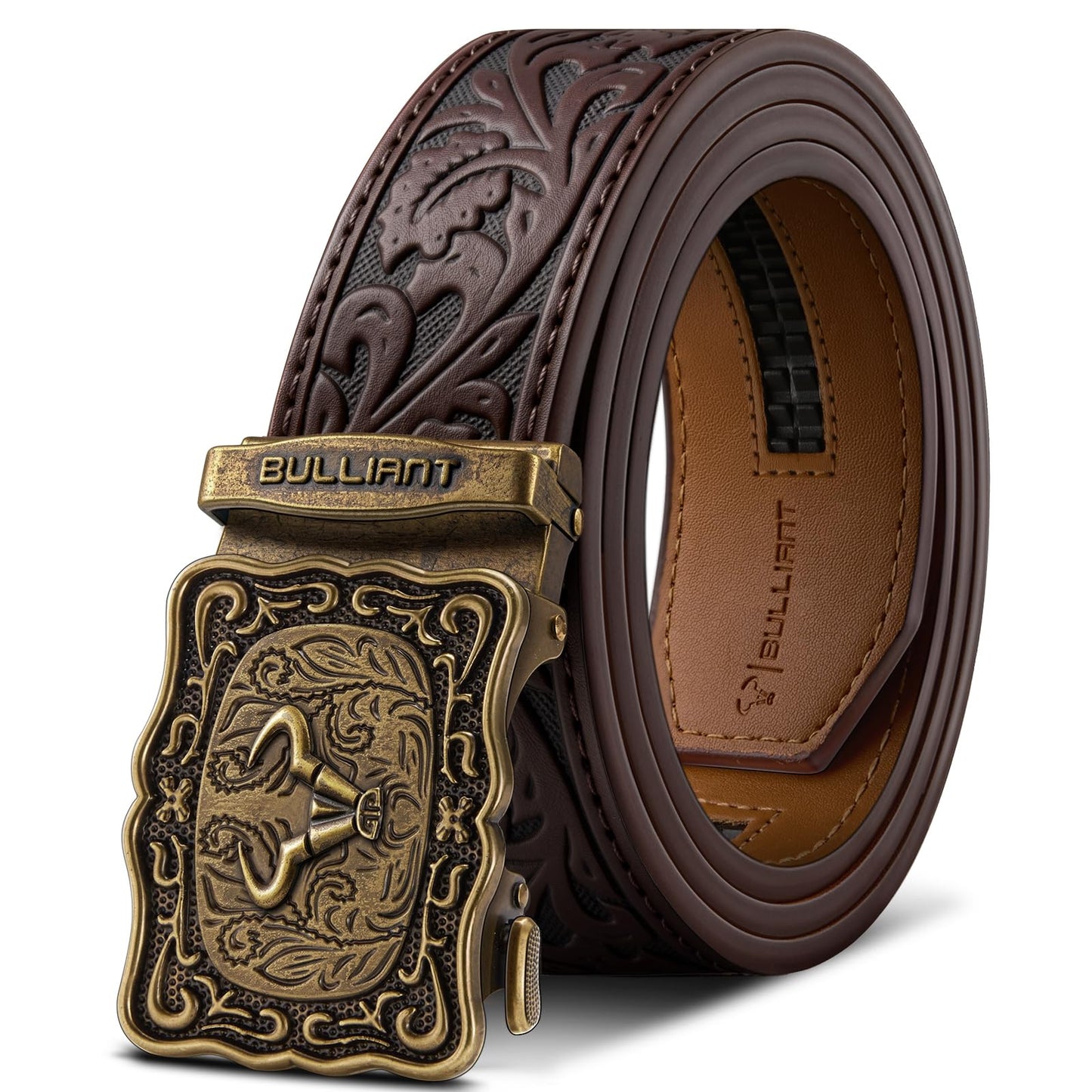BULLIANT Men Belt-Ratchet Western Belt Adjustable for CowBoy Jean Casual Outdoor 1 1/2"-Cut For Fit(Deep Brown,38"-44" Waist Adjustable)