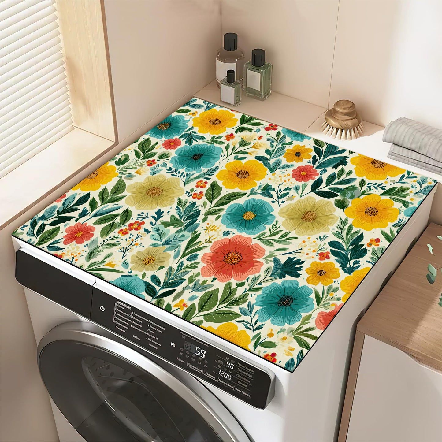 Cute Flowers Leaves Washer and Dryer Covers for the Top,Washing Machine Dust Cover Pad Anti-slip Absorbent Protector Mat for Washer Dryer Home Decor,23.6"x19.7"