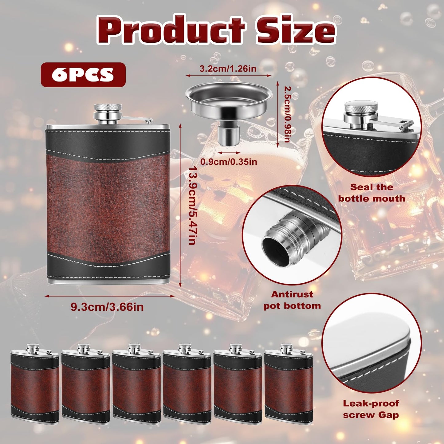PercyEffie 6 Pcs Liquor Flask, Hip Flasks 8 oz Metal Flask with Funnel, Leak Proof Pocket Flask in Dark Brown Leather Strap Design for Men Women (3.7 x 5.5 Inches)