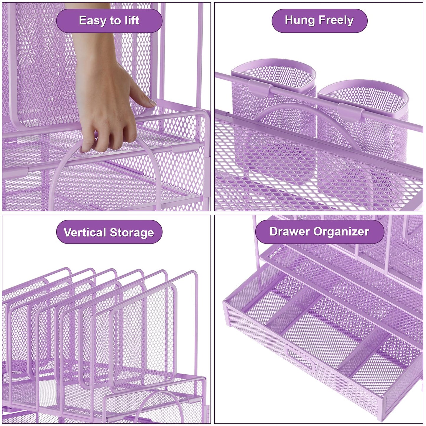 Marbrasse Desk Organizers, 4-Tier Mesh Desk File Organizer with 5 Vertical File Holders and 2 Pen Holders, Multifunction Desktop Organizer,Desk Organizers and Accessories for Home Office (Purple)