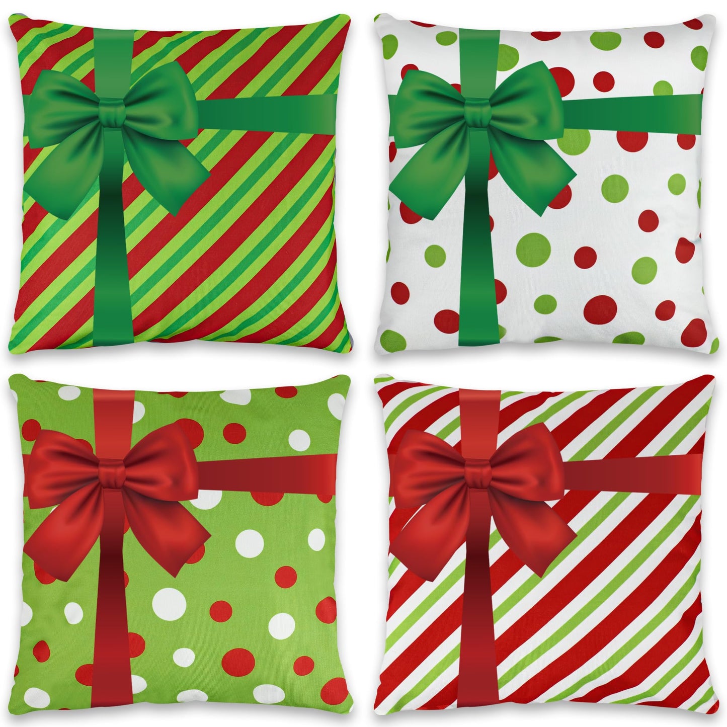 peony man Christmas Pillow Covers 18 x 18 Inch 3D Bows Throw Pillow Cases Outdoor Christmas Red Green Dot Stripe Decorative Cushion Covers for Sofa Couch Winter Holiday Decoration, Set of 4