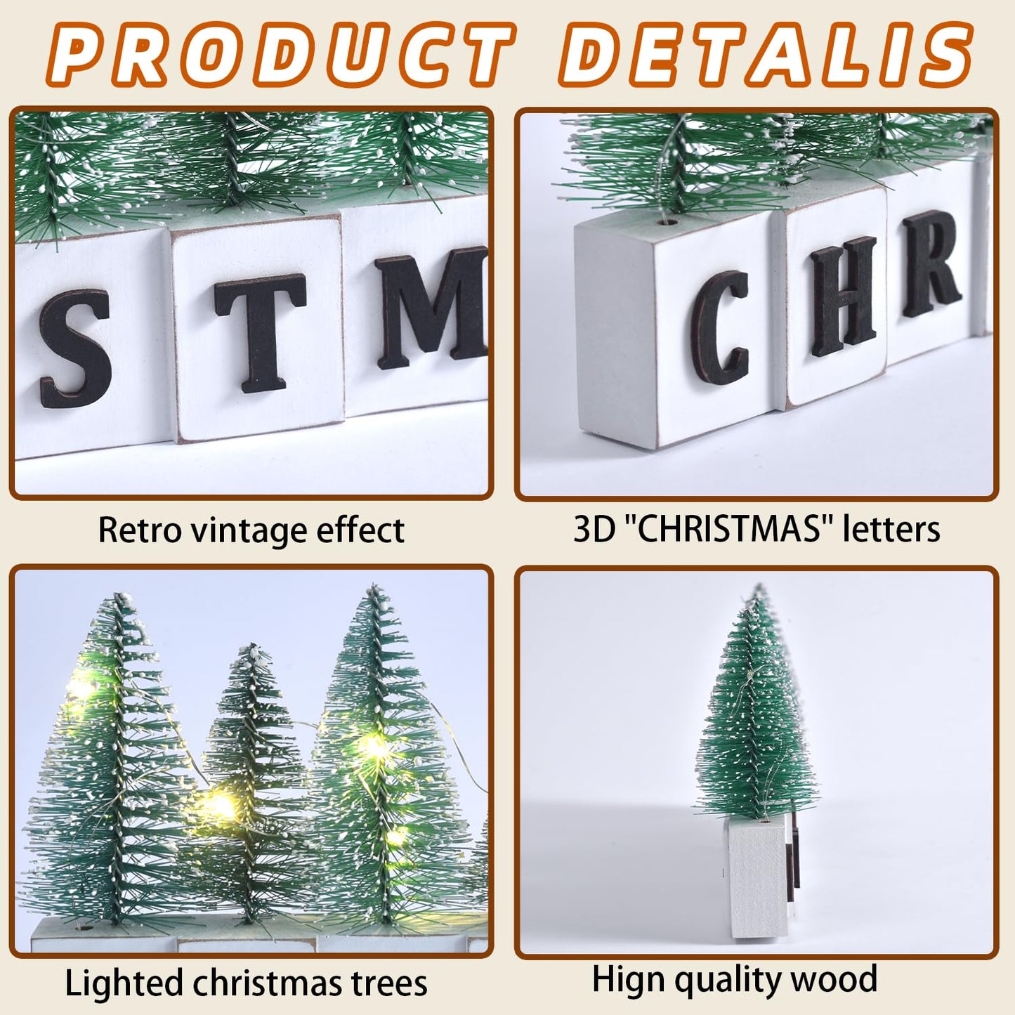 LED Lighted Christmas Tree Tabletop Decoration, Rustic Wooden Christmas Decor with Mini Trees, Xmas Sign Block Table Farmhouse Winter Holiday Centerpiece for Indoor Mantel, Shelf (Green)