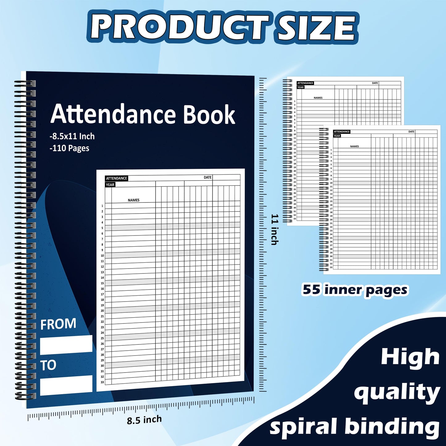 Attendance Book Large Format Spiral Bound 8.5 x 11 Inch attendance Tracker for Teachers Employees Church Coaches Sports and Classroom 110 Pages