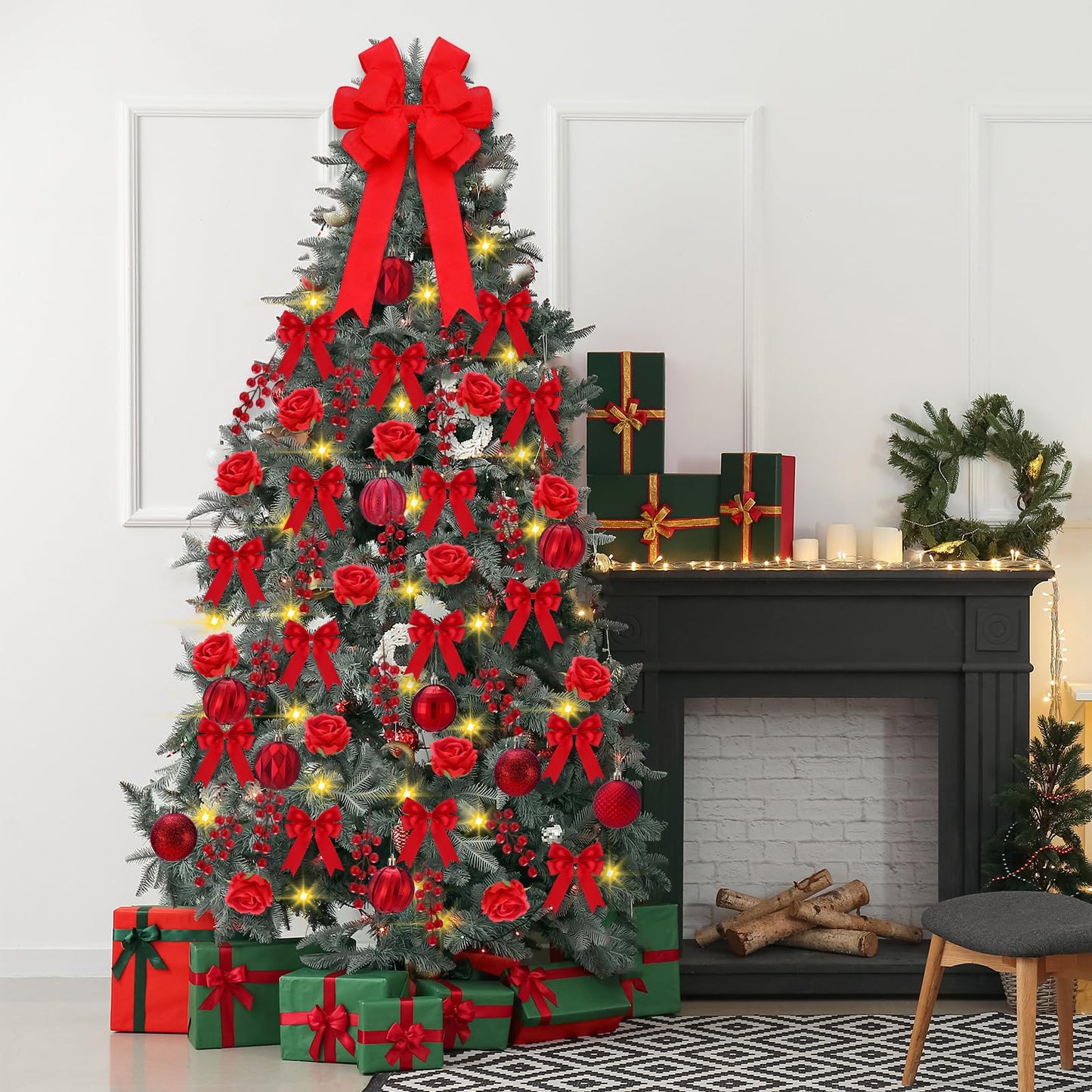 Duraaamo 134 Pcs Rose Christmas Tree Decoration Set Include Faux Red Rose Ornaments Artificial Berries Christmas Balls Ribbon Bows 16.4 ft 50 LED String Lights for Xmas Holiday DIY Crafts (Big)