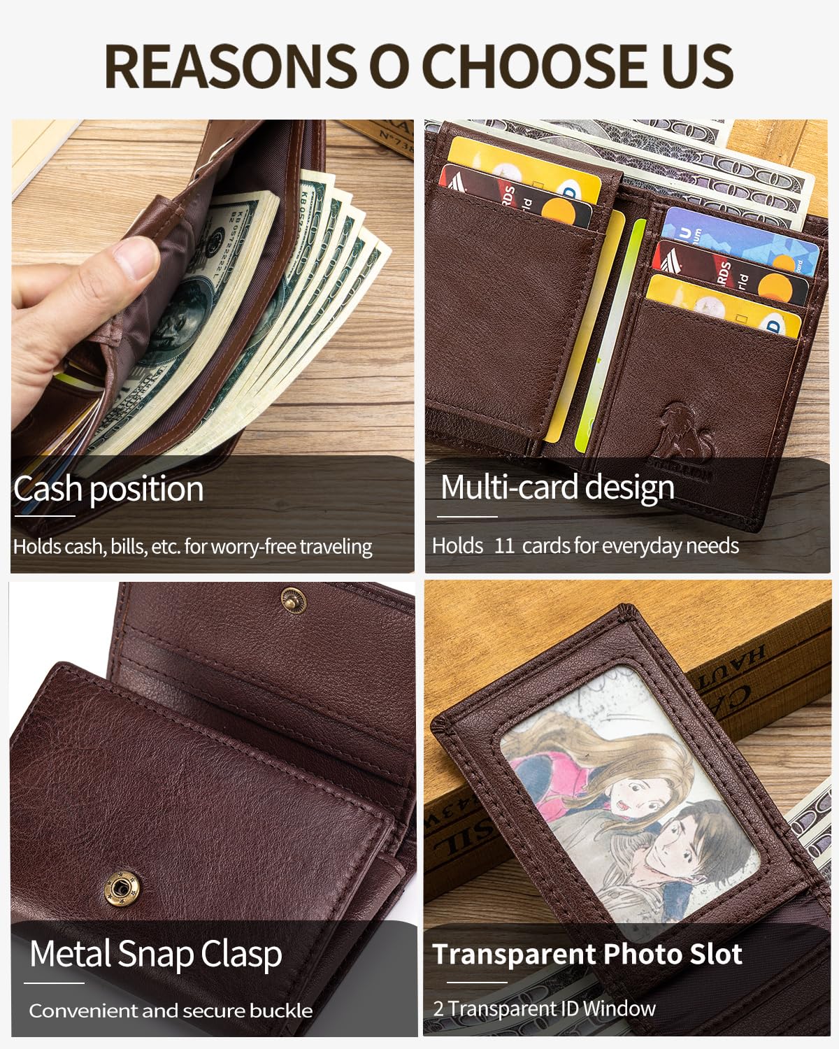 STEELLION Trifold Wallet for Men and Women, RFID Blocking Cowhide Leather Wallet with 2 Clear ID Windows, 11 Card Slots, Slim Design and Snap Closure for Everyday Carry, Travel and Gifts (Coffee)