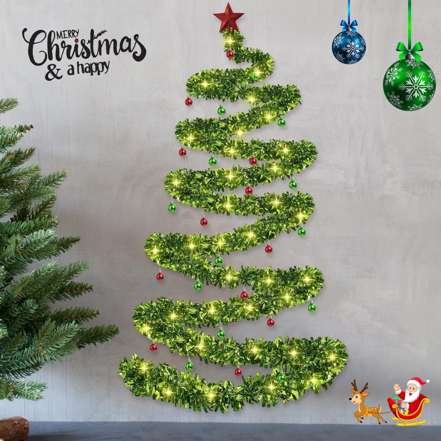 Daifunli Christmas Tree Wall Light Decoration DIY Wall Hanging 33 ft Garland Xmas Glitter Ball Ornaments Christmas Star Tree Topper for Xmas Outdoor Indoor Home Decor(Green)