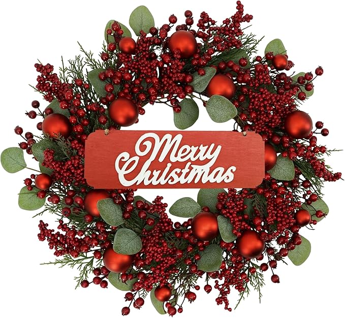 YNYLCHMX 20 Inch Christmas Wreath for Front Door, Winter Wreath with Welcome Sign Pine Needle Red Berry Ornaments, Artificial Door Xmas Wreaths for Window Fireplace Farmhouse Holiday Party Decoration