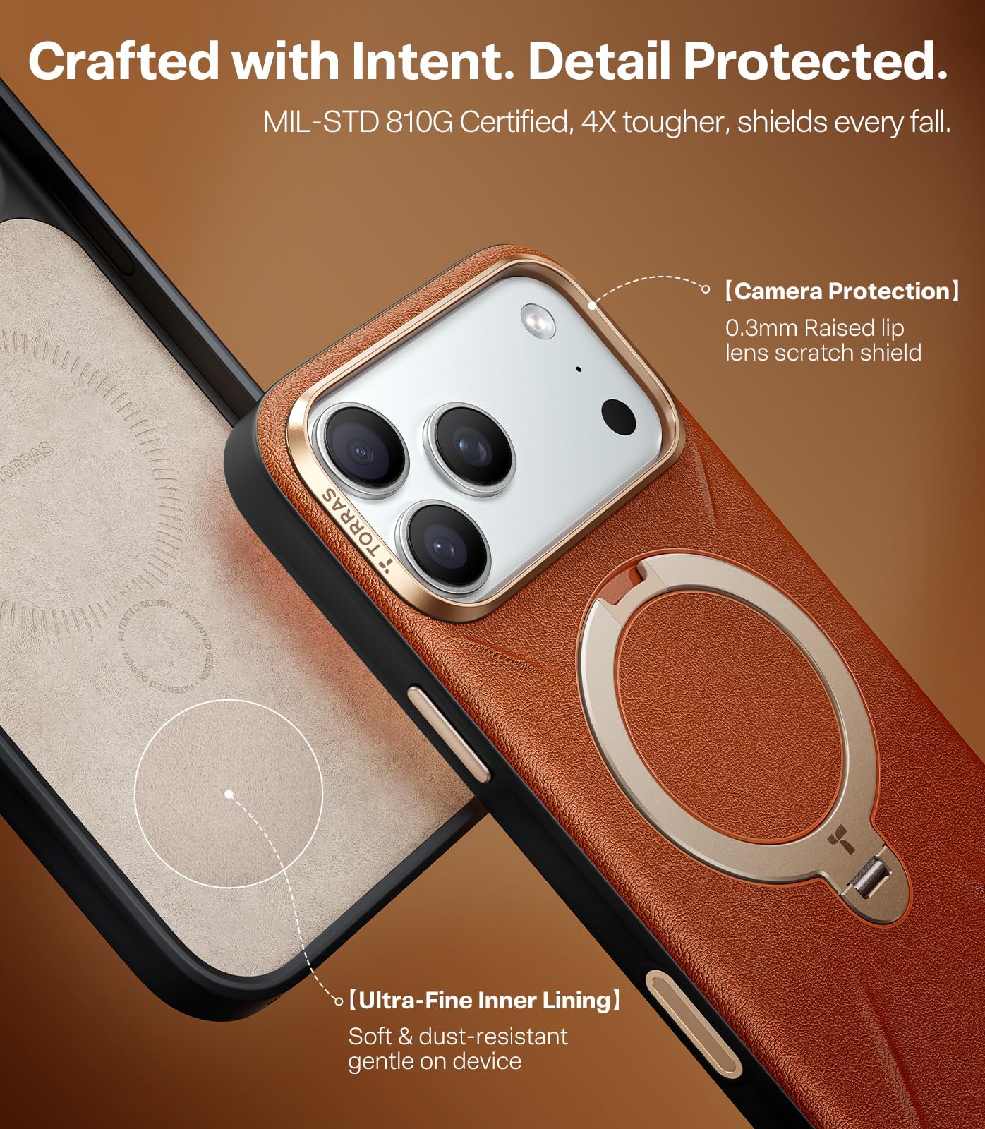 TORRAS Organic Leather for iPhone 17 Pro Case with Stand, Fit for Magsafe, 360 Spin Stand with Camera Control, Premium Leather Durable Stylish Q3 VegSkin for iPhone 17 Pro Phone Case, Saddle Brown