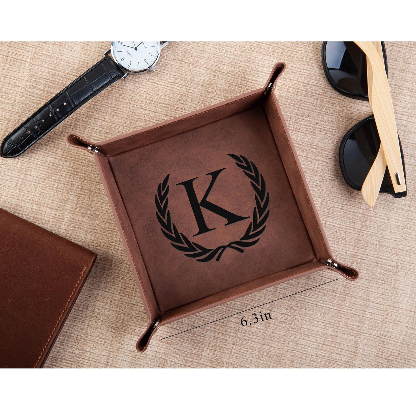 Personalized Leather Valet Tray Engraved Initials Key Tray Nightstand Organizer Valentines Day Birthday for Men Dad Husband Boyfriend (M)