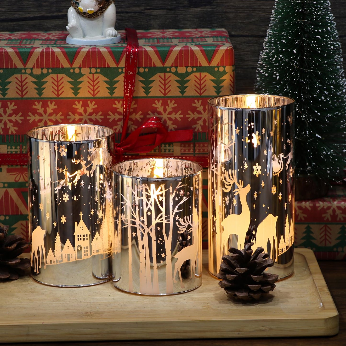 Lasumora Silver Christmas Reindeer Flameless Candles with Remote Timer, Set of 3 LED Candles in Plated Glass Holder, Battery Operated Candles Real Wax for Home Décor Christmas Gifts, D3”x H4” 5” 6”