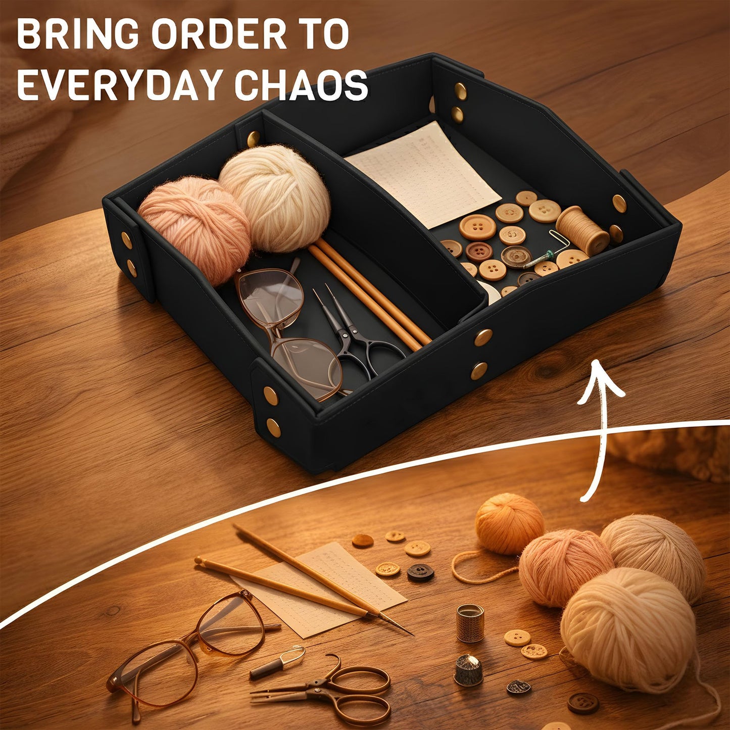 CAVIANA Valet Tray Organizer for Men & Women - PU Leather Catch All Tray with Removable Divider - EDC Storage for Keys, Watch, Phone - Nightstand, Dresser & Desk Organizer - Obsidian Black