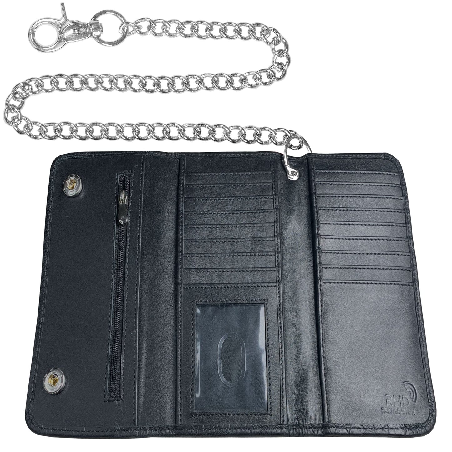 IBRO Motorcycle Chain Wallet for Men – Premium Cowhide Leather, RFID Tri-Fold Biker Wallet with Heavy Duty Chain for Bikers Truckers & Hunters, Credit Card Money Organizer Long Wallet Crocodile Black