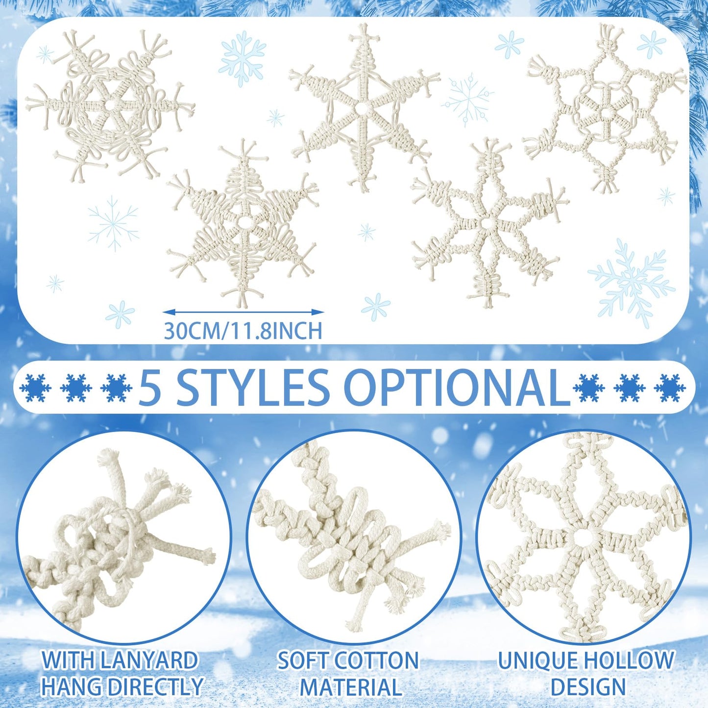 RattanView 5 Pcs Large Winter Macrame Snowflake Wall Decor - 11.8 Inch White Handmade Woven Wall Art Hanging Ornaments for Home Window Winter Party Decorations