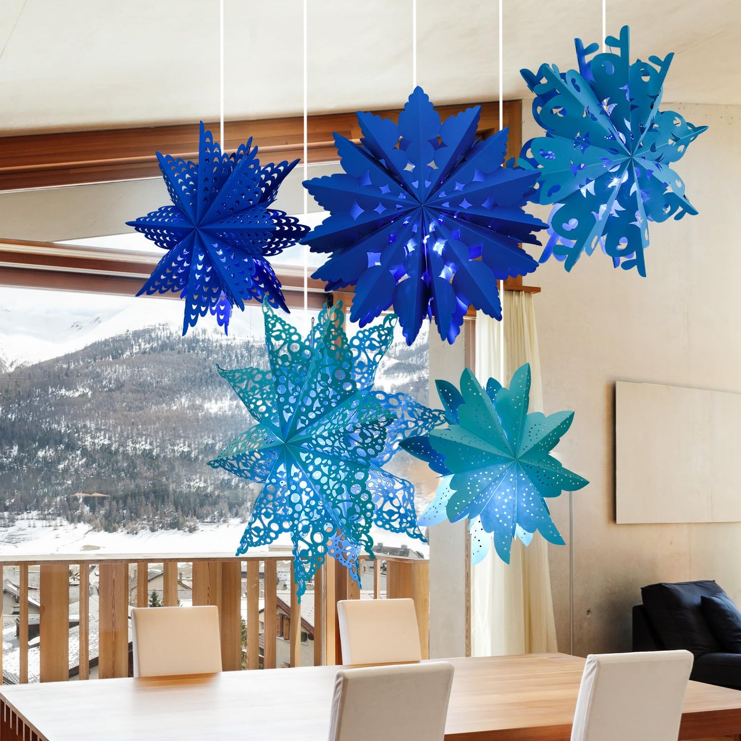 Mudder 5 Pieces Large Christmas Snowflake Paper Lantern with 7 Light 23.6/17.7 Inch Star Paper 3D Hanging Lantern Lamp Party Decoration for Weddings Holiday Xmas Trees(Fresh Style,Blue)