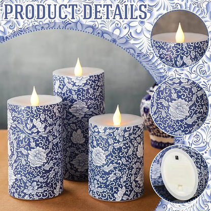 Baquler 3 Pcs Chinoiserie Flameless Pillar Candles Blue and White Floral Candles Battery Operated Decorative Porcelain LED Candlestick for Home Wedding Table Party Decoration