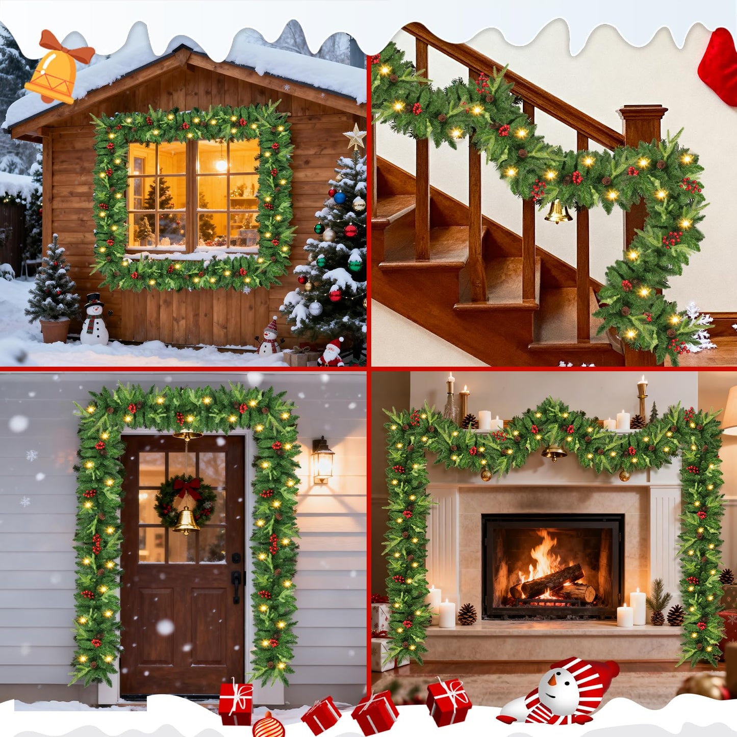Christmas Garland, 9ft Pre-Lit Christmas Garland with Lights, Battery Operated with Pine Cones & Red Berries, Artificial Christmas Greenery for Mantle, Staircase, Doorway, Indoor Outdoor Decorations