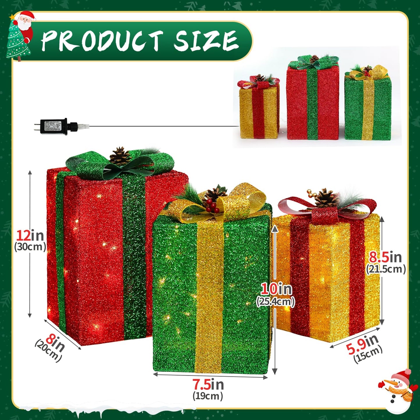 DomKom Set of 3 Tall Rectangular Christmas Lighted Gift Boxes - 60 LED Lighted Christmas Box - Light Up Xmas Tree Skirt Ornament Outdoor/Indoor Vertical Yard & Porch Decor