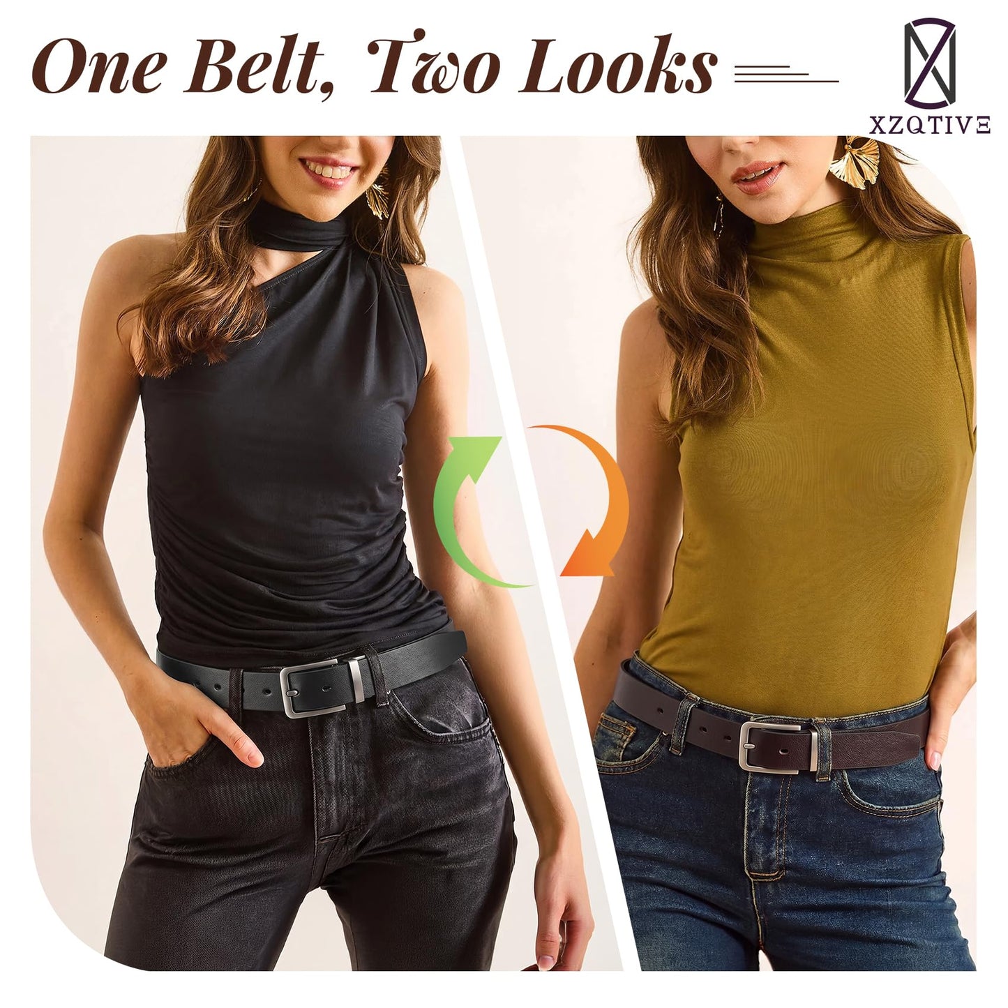 XZQTIVE Reversible Leather Belts for Women with Rotated Metal Buckle Fashion Women Belts(1 Pcs Black/Brown)