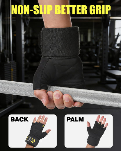 FitDA 2-in-1 Workout Gloves, Weight Lifting Gloves with Wrist Wrap Support for Men & Women, Ventilated Fingerless Padded Gym Glove for Weightlifting Pull-Ups & Fitness Training,L