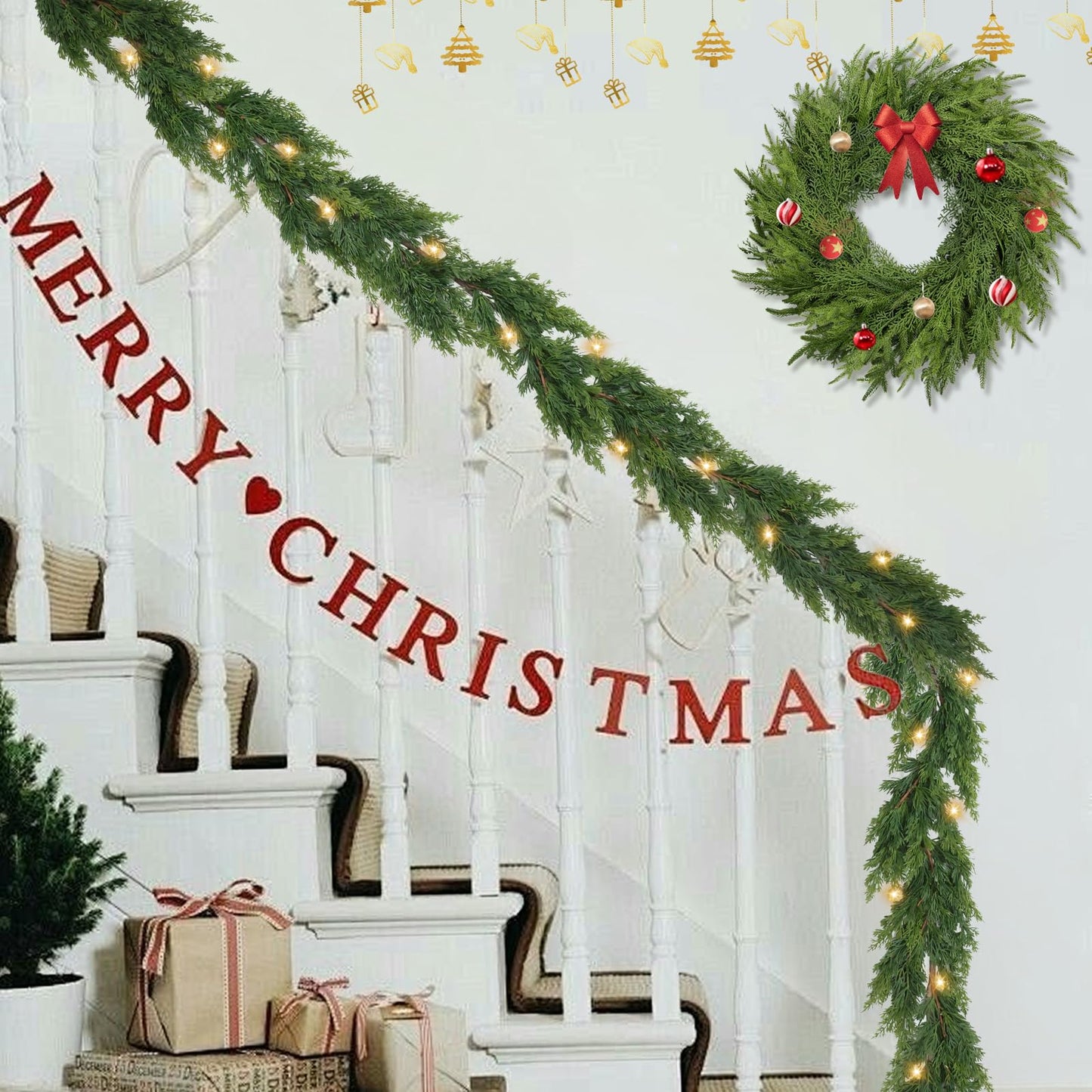 OZFHUA 6 FT Christmas Garland Pine Garland with Lights for Table Mantle Background Christmas Decorate Wall Room Outdoor Indoor Winter Decoration
