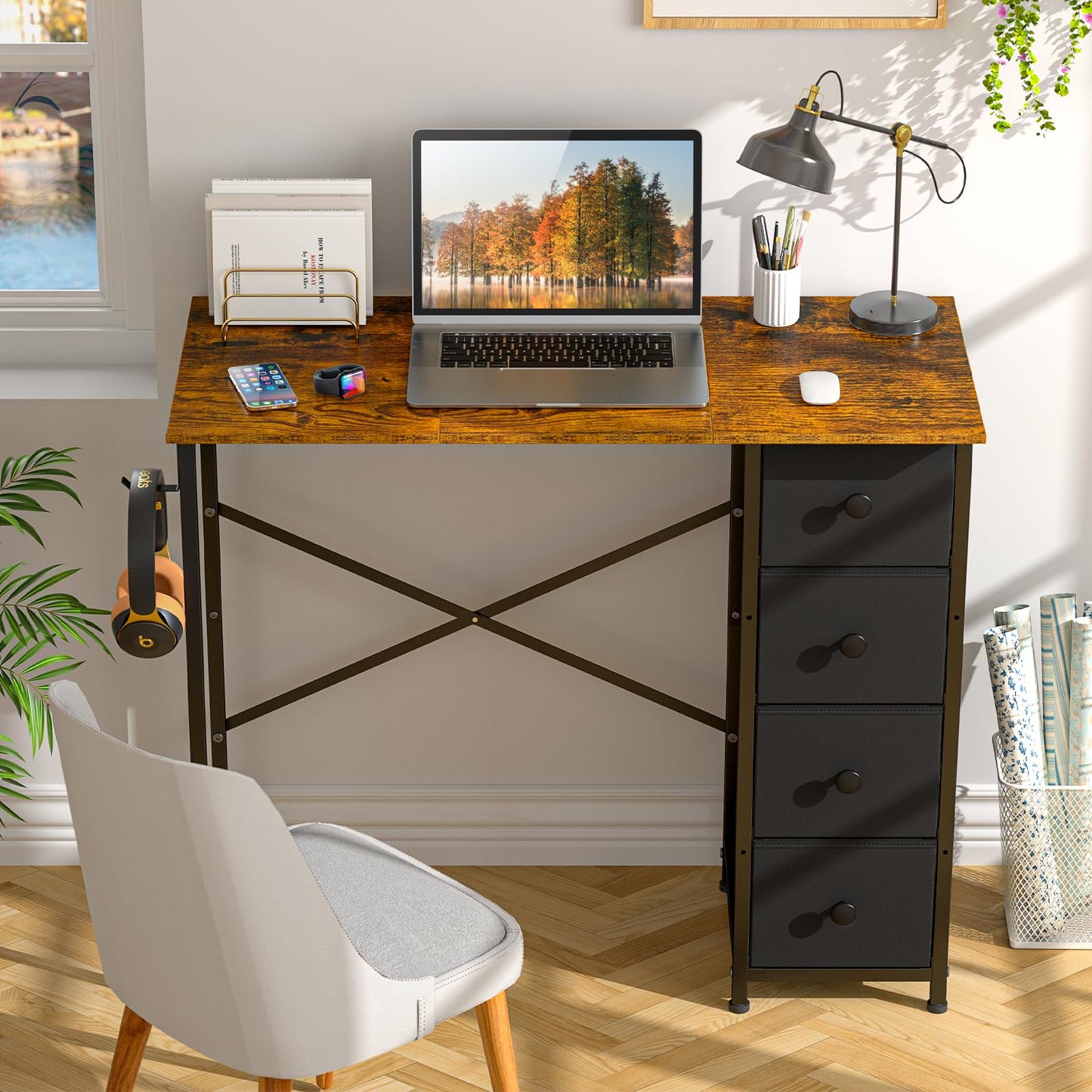 Small Computer Desk with 4 Fabric Drawers, 36 Inch Reversible Writing Desk for Home Office Bedroom, Modern Simple Kids Student Study Desk with Storage, Compact Desk for Small Spaces, Rustic Brown