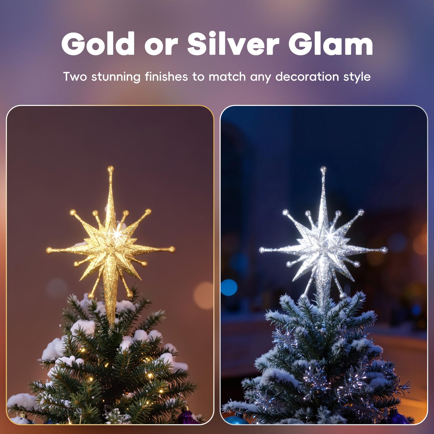 2025 Upgraded Christmas Tree Topper Projector Light with Rotating Bright LED & Wide Coverage, Universal Fit for Any Height Tree, Easy Install, Stable Base, Holiday & Party Decorations (Starlight Gold)