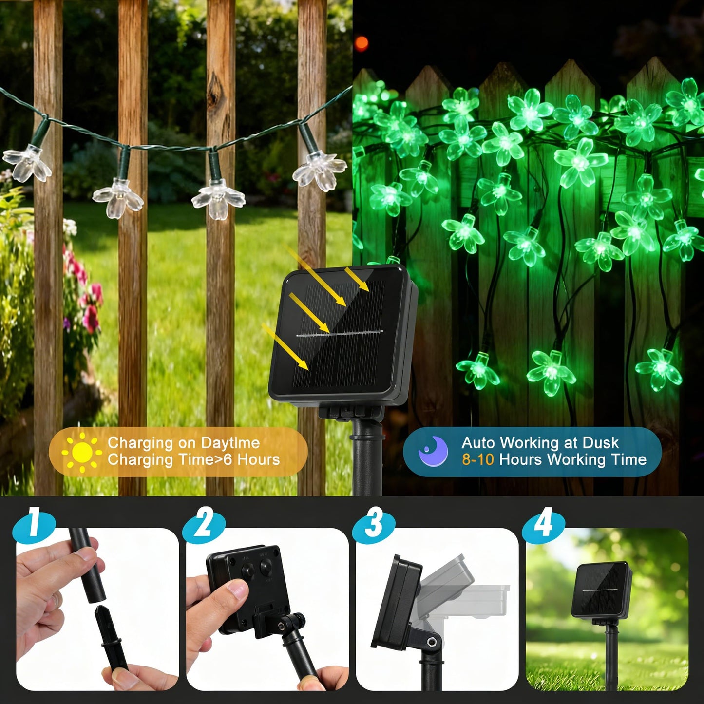 Vruxuri 2 Pack Total 52FT 120 LED Solar String Lights Outdoor Waterproof Flower Fairy Lights for Garden Fence Patio Yard Christmas Tree Lawn Wedding Party Decor, Green
