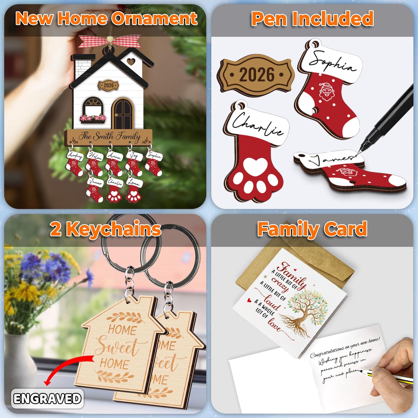 DIY New Home Ornaments 2026, Family Ornament 2026, Family of 3, 4, 5, 6, 7, 8 Ornament with Dog, Cat, Customized Ornaments for Tree, Home Sweet Home Keychain, House Decoration HH624