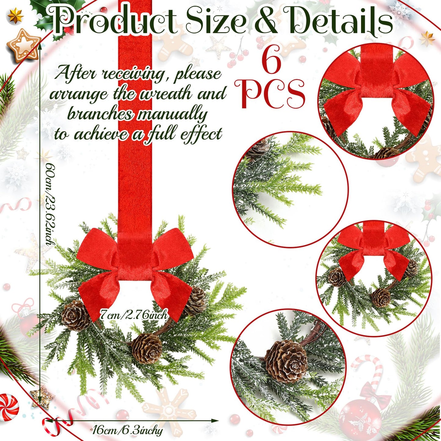 Dingion 6 Pcs 6 Inch Christmas Mini Cabinet Wreaths for Kitchen with Ribbon Bows Norfolk Pine Small Window Wreaths Garland for Door Window Farmhouse Christmas Party Decorations