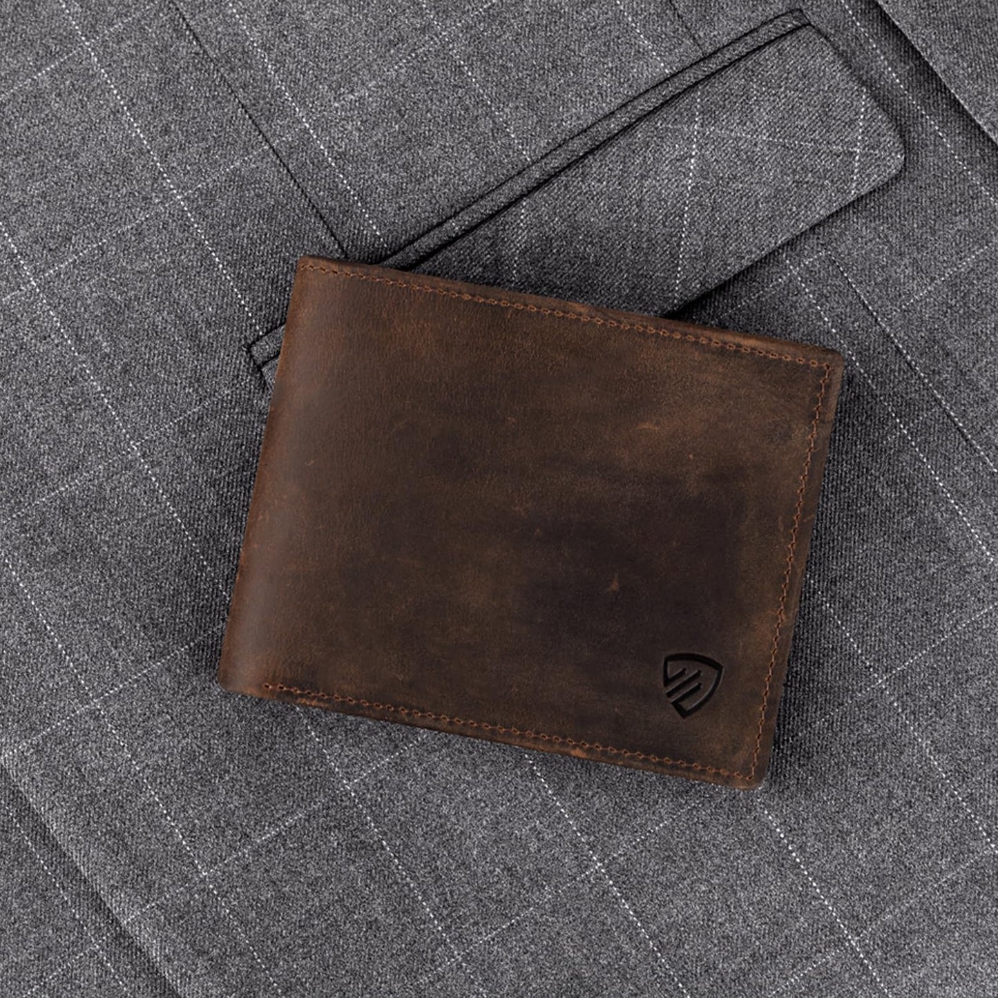 RUNBOX Genuine Leather Bifold Wallet for Men - RFID Blocking Slim Wallet with 9 Card Slots, 1 ID Window & Bill Compartment - Gift Box Packaging