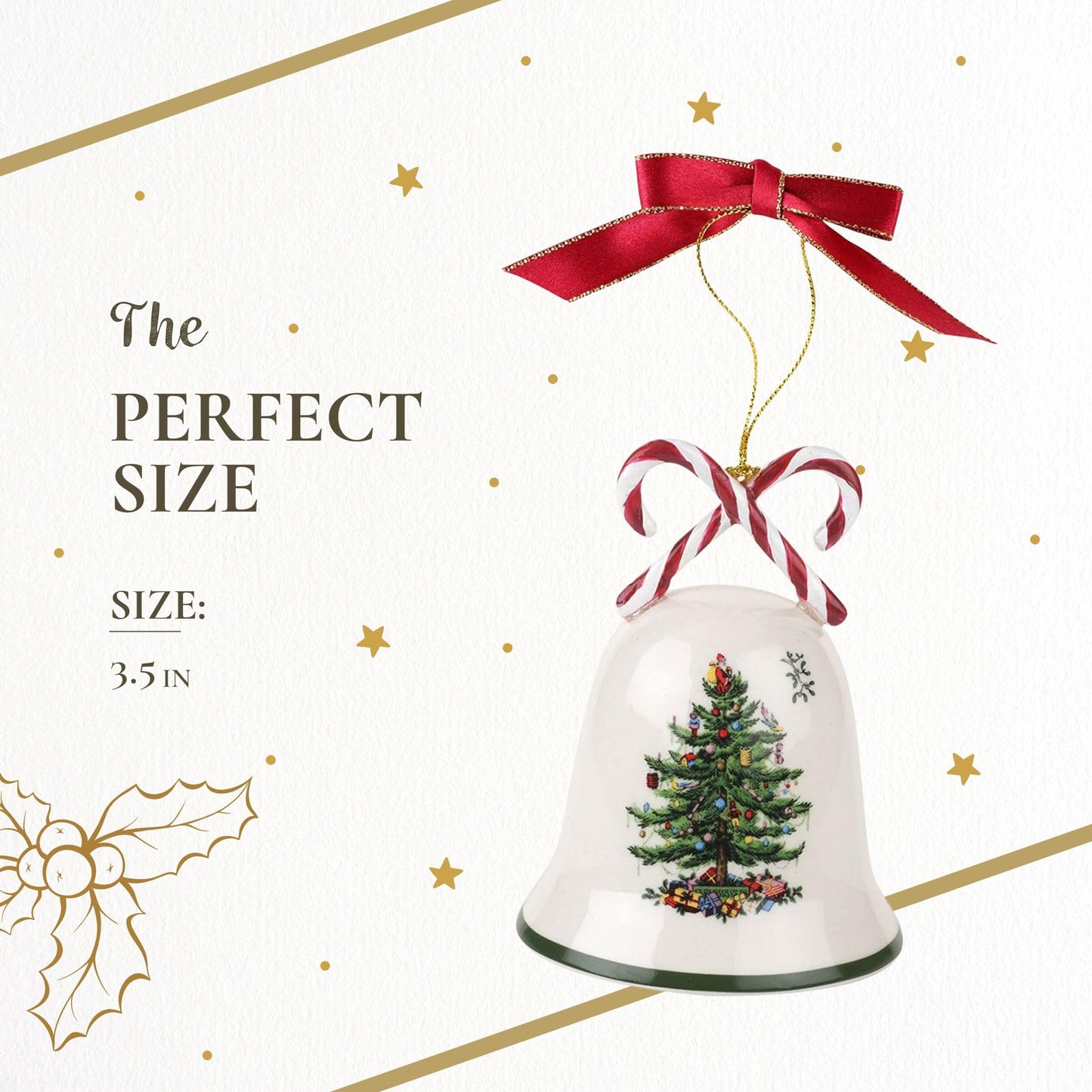 Spode Christmas Tree Candy Cane Bell Ornament, Elegant Hanging Decoration for Christmas Trees - Holiday Home Accents & Festive Ornament - Thoughtful Keepsake & Gift for Friends & Family