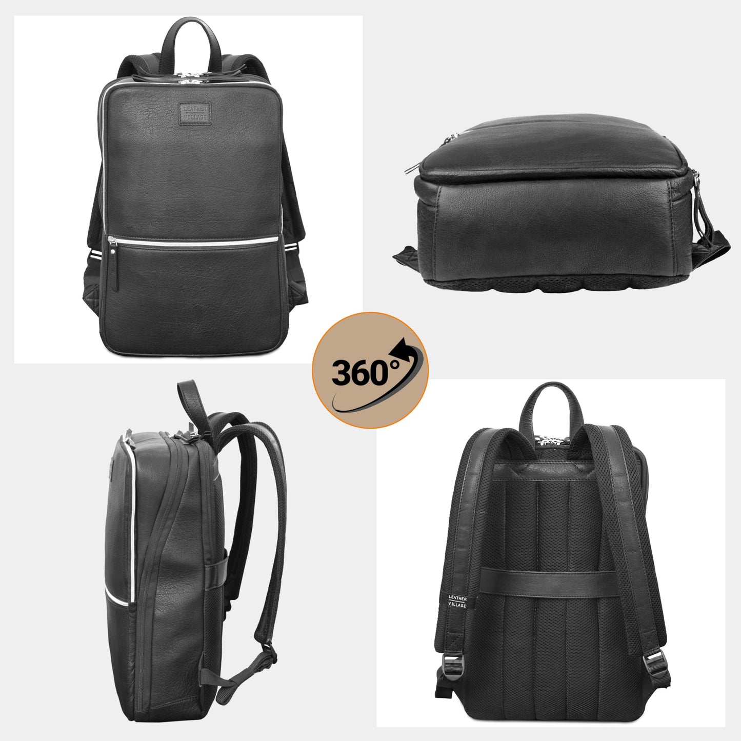 LEATHER VILLAGE Leather Laptop Backpack for Men | Black | Slim Professional Business Bag Fits 15.6”-Laptop | Water-Repellent Work & Travel Daypack with Trolley Strap