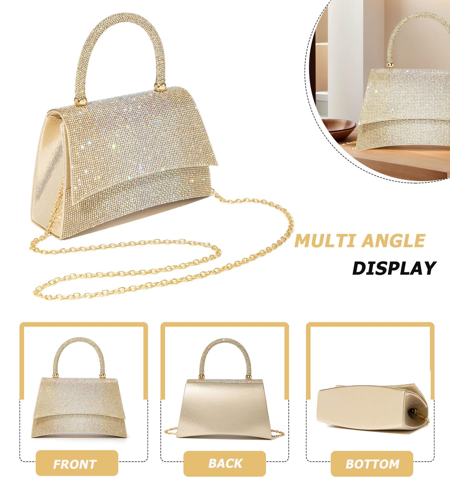 Sweetovo Rhinestones Clutch Purse for Women Sparkly Shoulder Bag and Handbags for Wedding Party Evening Crossbody Bag (B-Gold)