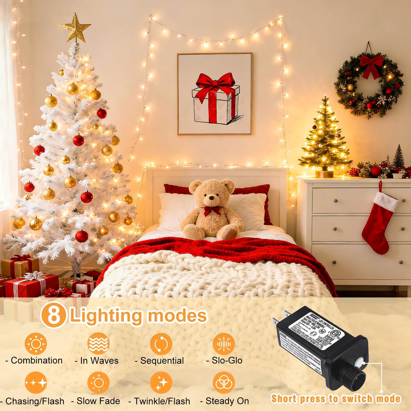 Nielfoi 66FT 200 LED Outdoor String Lights, Plug in Connectable Christmas Lights Indoor, Waterproof 8 Modes String Lights for Outside Bedroom Garden Yard Wedding Party Decorations, Warm White