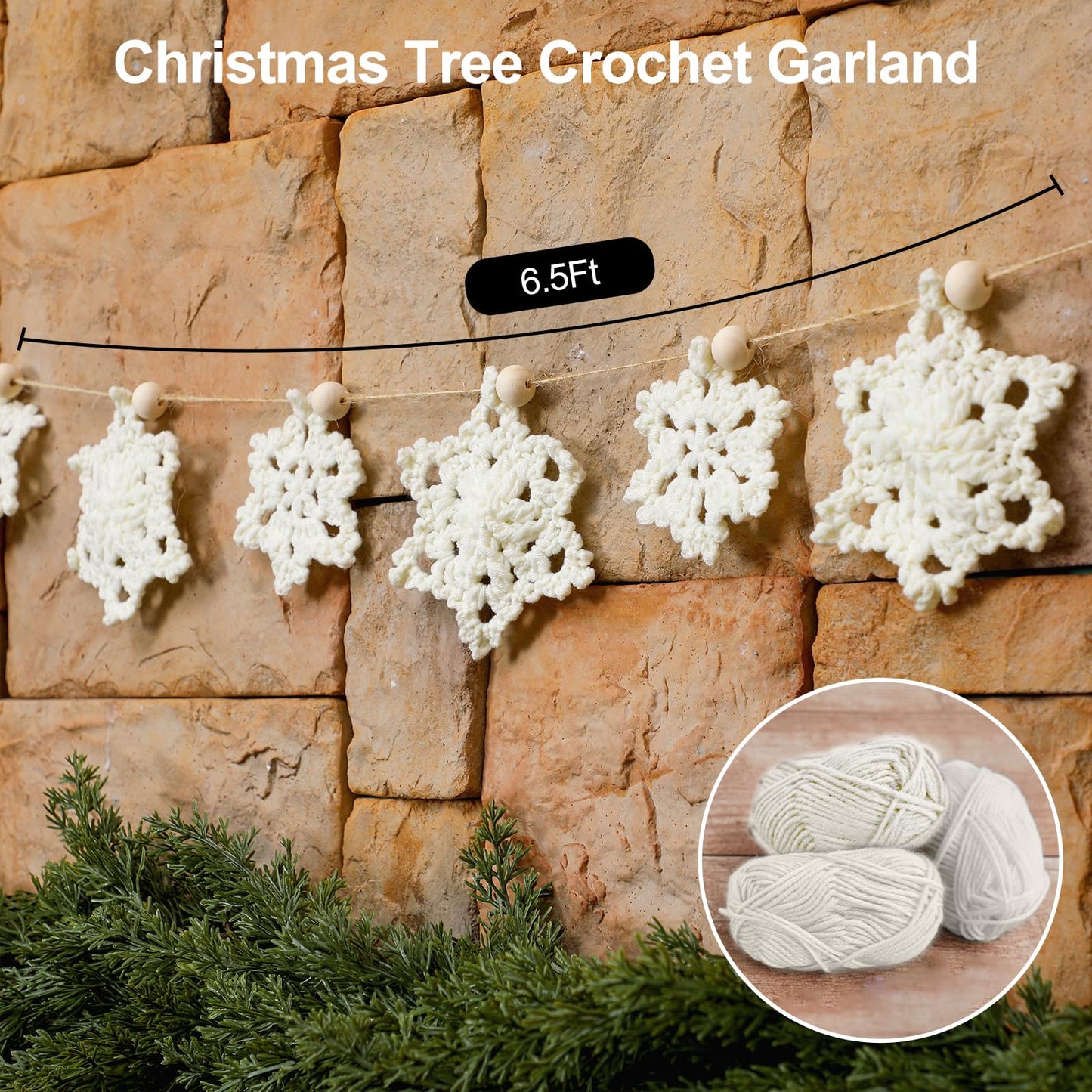 Tudomro Christmas Crochet Snowflake Garland 6.56ft Rustic Handmade Xmas Banner Snowflake Wooden Beads Farmhouse Hanging Decor for Mantel Fireplace Home Room Wall Window Door Gift