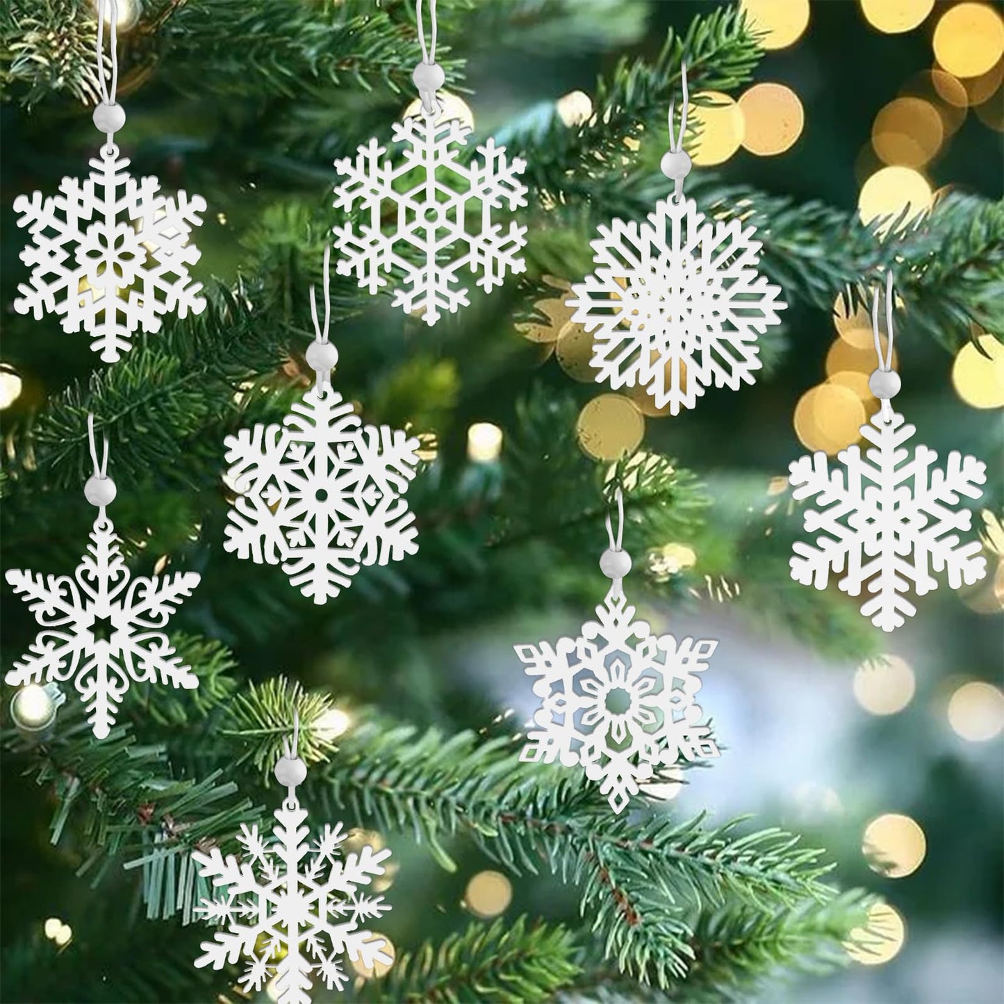 MEMOVAN 3inch White Snowflakes Ornaments 16PCS Wooden Snowflakes Hanging Decorations Winter Snowflake Christmas Ornament for Xmas Tree Garland Holiady Window Wonderland Crafts 8 Styles